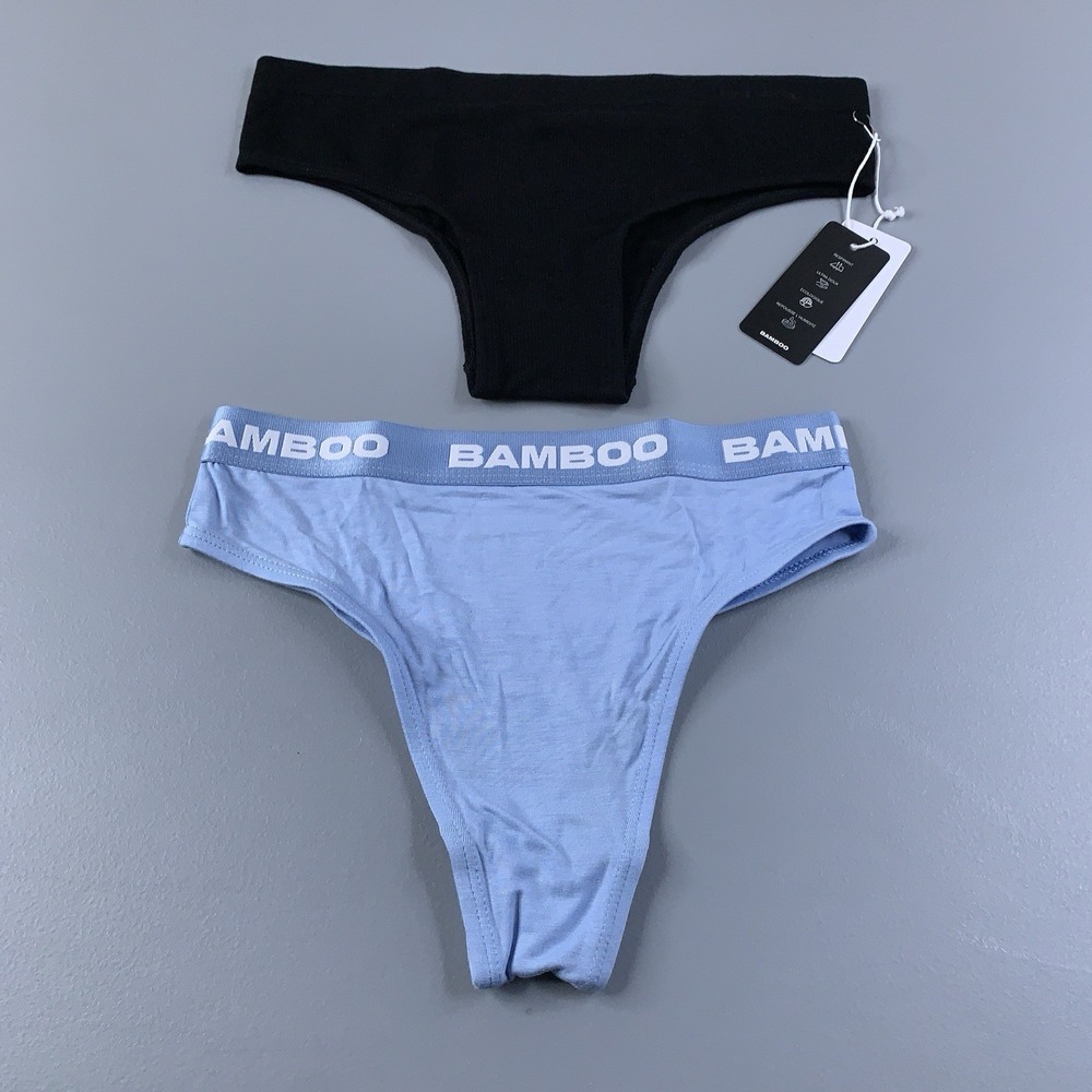 Bamboo Womens Size XS Black Rib Cheeky Blue High Cut Bikini Panty 2 Pieces NWT